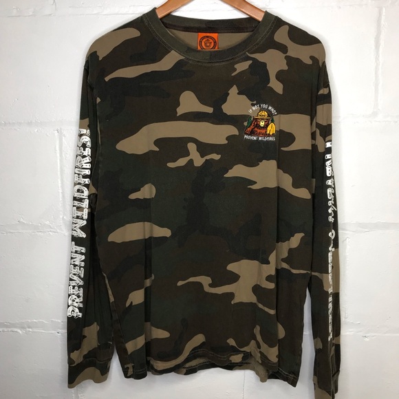 Teddy Fresh Smokey the Bear Size Large Long Sleeved T Shirt Camo Cotton - Picture 1 of 8